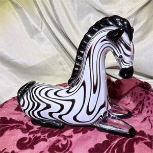 Glass Zebra Figurine Striped Black White Art Glass Decorative Animal Glossy